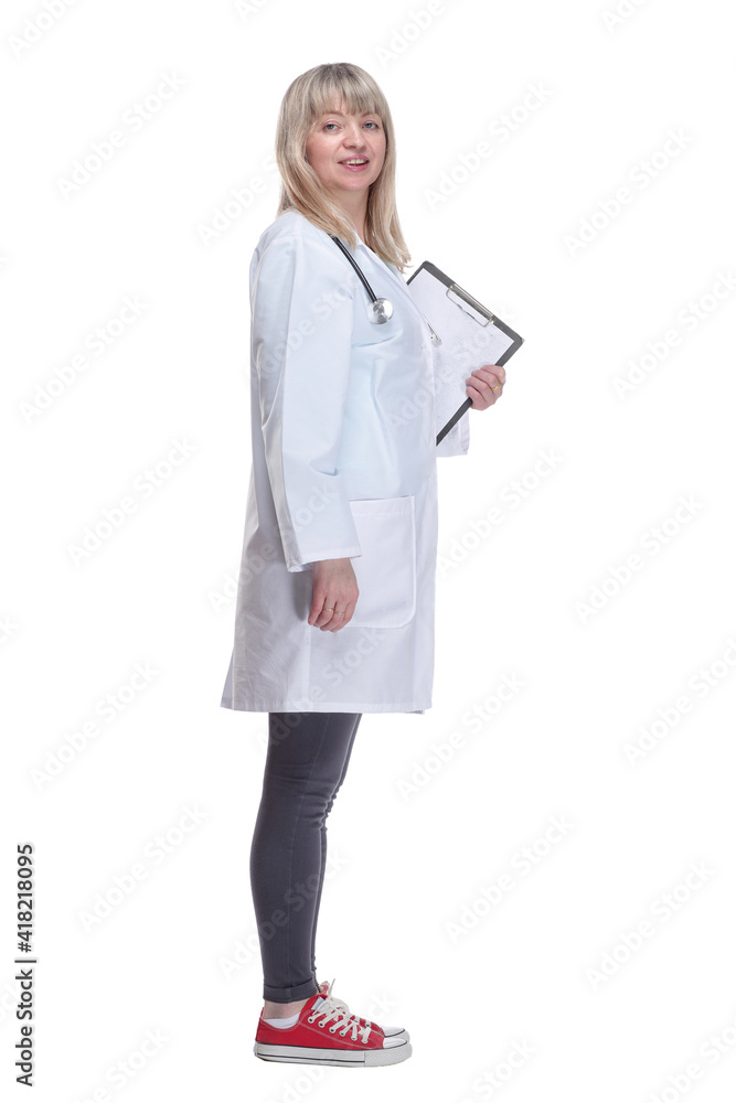 female doctor with stethoscope and clipboard . isolated on a white background. female doctor with stethoscope and clipboard . isolated on a white background.