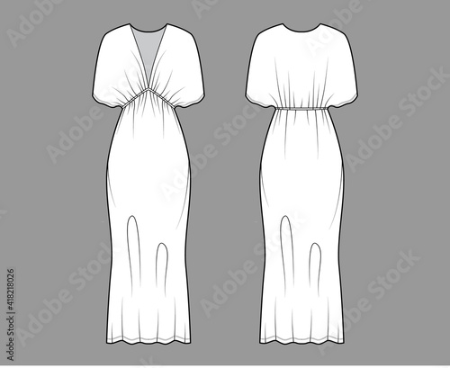 Kaftan dress technical fashion illustration with deep V-neck, batwing sleeves, oversized, midi floor length, pencil cut. Flat apparel template front, back, white color style. Women, unisex CAD mockup