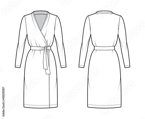 Wrap dress technical fashion illustration with deep V-neck, long sleeves, oversized, knee length, pencil cut, tie. Flat apparel template front, back, white color style. Women, men unisex CAD mockup