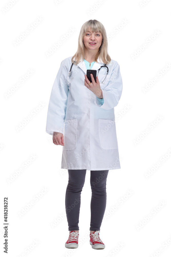 attractive female medic with a smartphone in her hands . attractive female medic with a smartphone in her hands .