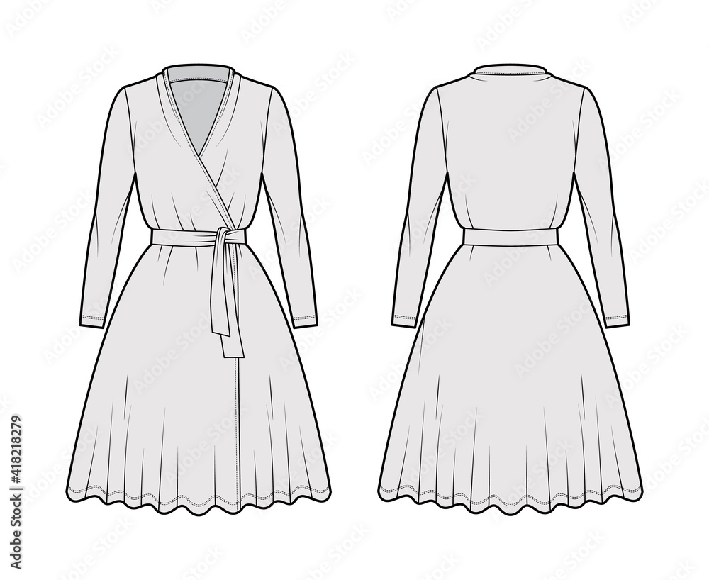 Wrap dress technical fashion illustration with deep V-neck, long sleeves, oversized, knee length, circular cut, tie. Flat apparel template front, back, grey color style. Women, men unisex CAD mockup Wrap dress technical fashion illustration with deep V-neck, long sleeves, oversized, knee length, circular cut, tie. Flat apparel template front, back, grey color style. Women, men unisex CAD mockup