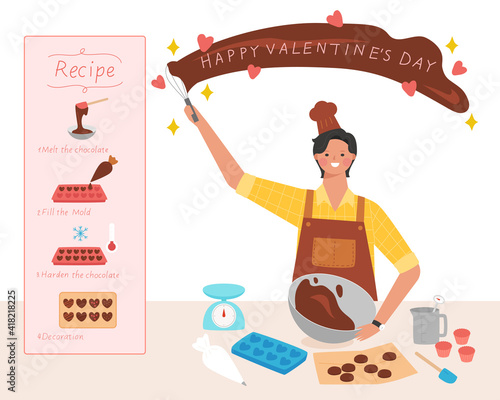 Make a Valentine's Day chocolate gift. A handsome man is wearing an apron and is spreading chocolate in the air, and a recipe is written next to him.