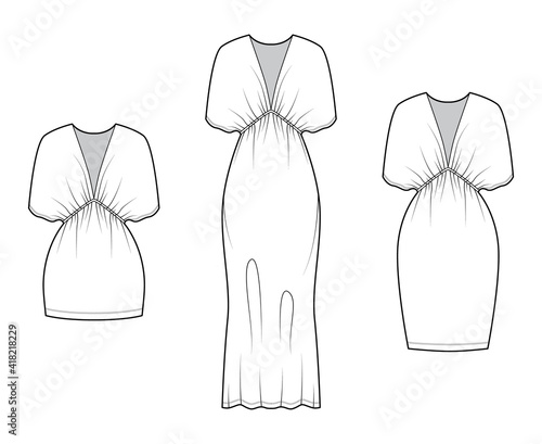Set of Kaftan dresses technical fashion illustration with deep V-neck, batwing sleeves, oversize, knee mini midi length, pencil cut. Flat apparel front, white, color style. Women men unisex CAD mockup