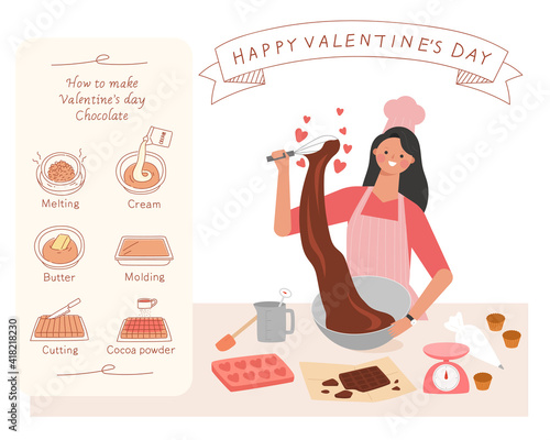 Make a Valentine's Day chocolate gift. Her pretty little girl is putting on her apron and stirring her chocolate and a recipe is written next to her.
