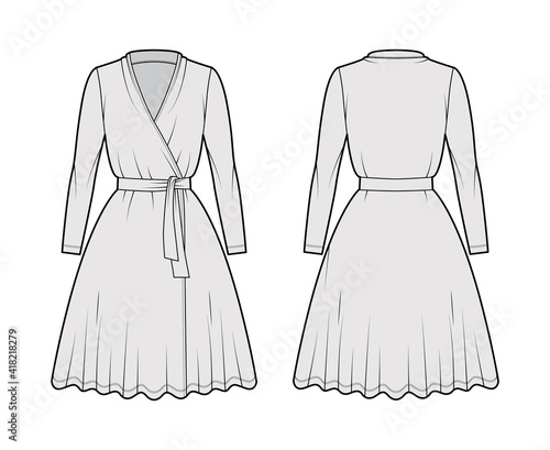 Wrap dress technical fashion illustration with deep V-neck, long sleeves, oversized, knee length, circular cut, tie. Flat apparel template front, back, grey color style. Women, men unisex CAD mockup
