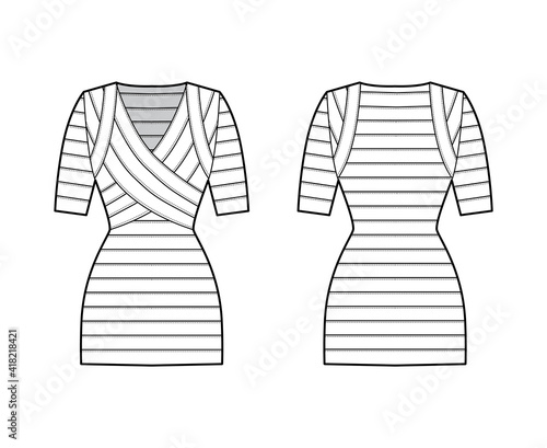 Bandage dress technical fashion illustration with V-neck, short sleeves, fitted body, elasticated, mini length, pencil cut. Flat apparel template front, back, white color style. Women, men CAD mockup