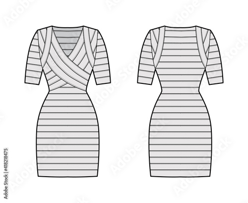 Bandage dress technical fashion illustration with V-neck, short sleeves, fitted, elasticated, knee length, pencil cut. Flat apparel template front, back, grey color style. Women, men unisex CAD mockup