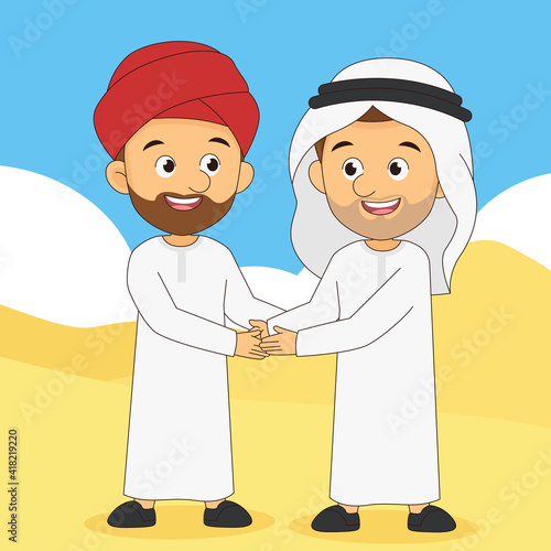Eid mubarak greeting card two arabian man handshake to forgive each other