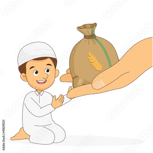 A muslim arabic man giving alms or zakat to needy man on eid mubarak
