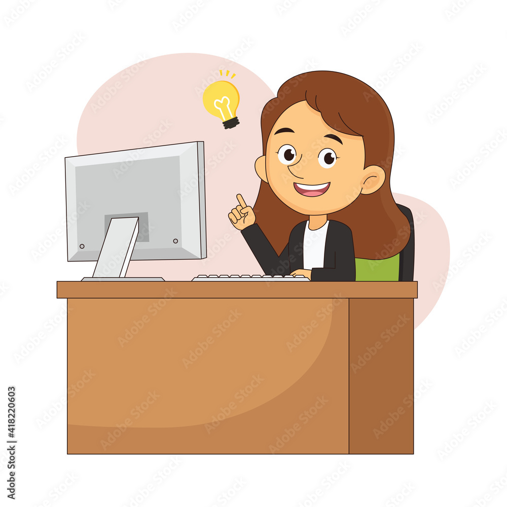 business woman working at his desk and creating a lot of idea bulbs