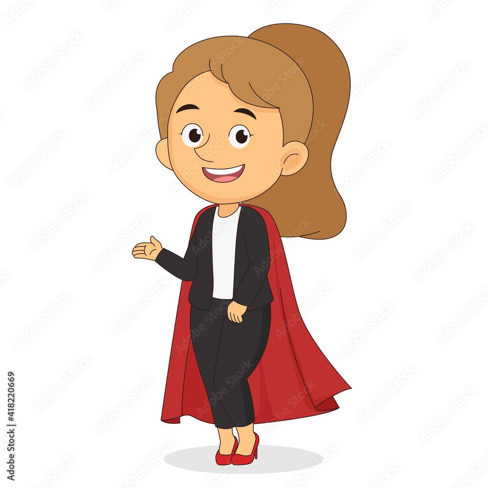 Young woman business lady wearing super hero cloak. Woman power, lady business Young woman business lady wearing super hero cloak. Woman power, lady business
