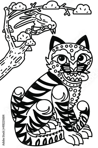 A tiger and a magpie drawn in the style of Minhwa. Minhwa refers to Korean folk art produced mostly by itinerant or unknown artists without formal training.