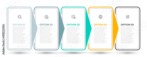 Business infographic thin line process with rectangle template design with icons and 5 options or steps.