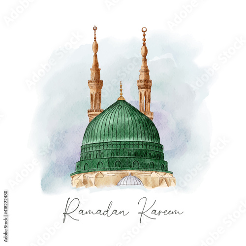 Ramadan kareem mosque watercolor vector template background 