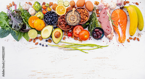 Fototapeta Naklejka Na Ścianę i Meble -  Ketogenic low carbs diet concept. Ingredients for healthy foods selection on white wooden background. Balanced healthy ingredients of unsaturated fats for the heart and blood vessels.