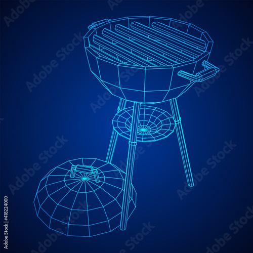 Round barbecue grill. Outdoor bbq party. Wireframe low poly mesh vector illustration