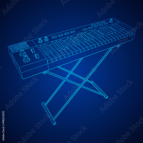 Piano roll analog synthesizer faders buttons knobs. Wireframe low poly mesh vector illustration.