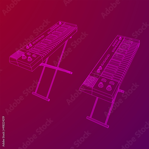 Piano roll analog synthesizer faders buttons knobs. Wireframe low poly mesh vector illustration.