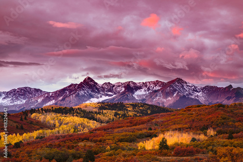 Autumn, aspen trees and Sneffels Range, Mount Sneffels Wilderness, Uncompahgre National Forest, Colorado photo