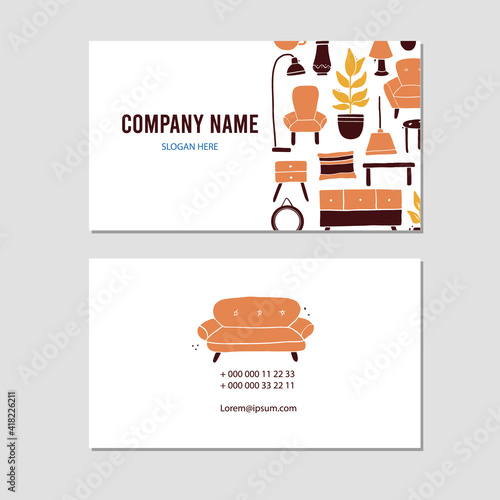 Visit card with living room furniture, sofa, house plant, floor lamp, shelf. Doodle sketch style. Illustration for furniture store, interior design business card design template.