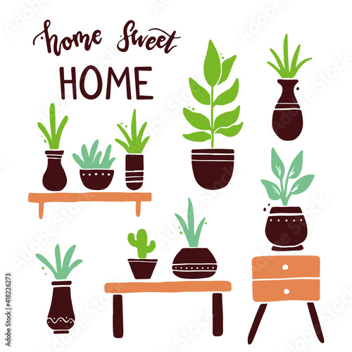 Hand drawn set of cute home plant with pot. Simple trendy flat style. Collection for interior garden decoration design.