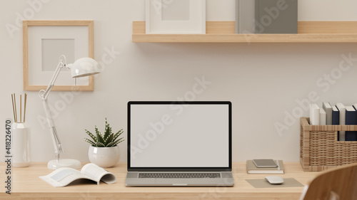 3D rendering, workspace with laptop, lamp, books, supplies and decorations in home office, 3D illustration © bongkarn