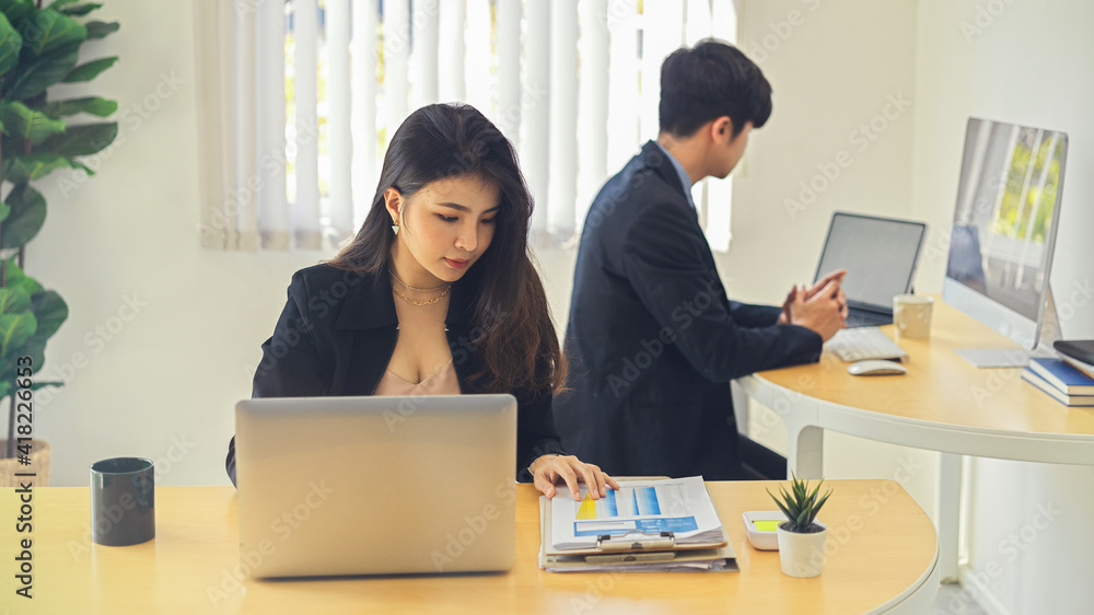 Two businesspeople working on their work with office supplies in office room Two businesspeople working on their work with office supplies in office room