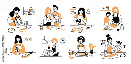 Hand drawn set of cooking people character. Smiling young woman, mom with child, couple cook together. Doodle sketch style illustration. Concept of home prepare dish, dinner on the kitchen.
