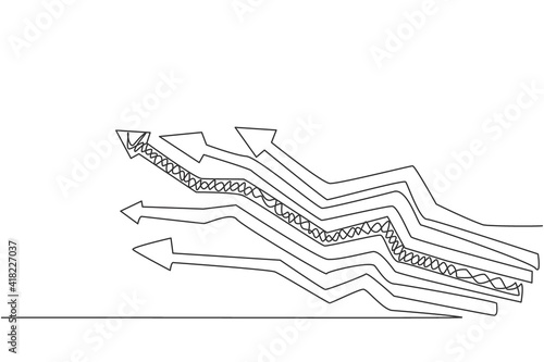 Continuous one line drawing of various way branch up arrow signs. Paths of business strategy to increase sales graph minimalist concept. Trendy single line draw design vector graphic illustration