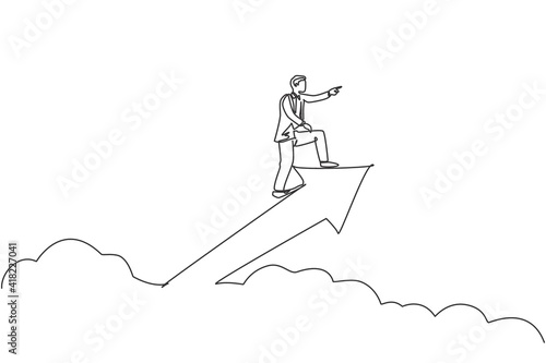 Single continuous line drawing young male worker riding arrow sign up through the cloud and sky. Professional businessman. Minimalism concept dynamic one line draw graphic design vector illustration