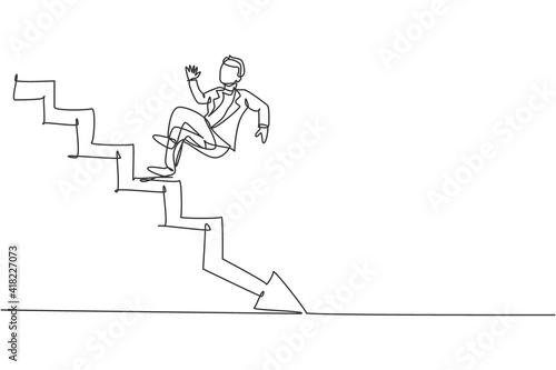 Single continuous line drawing of young business man slip down from up stairs to down floor. Broke professional businessman. Minimalism concept dynamic one line draw graphic design vector illustration