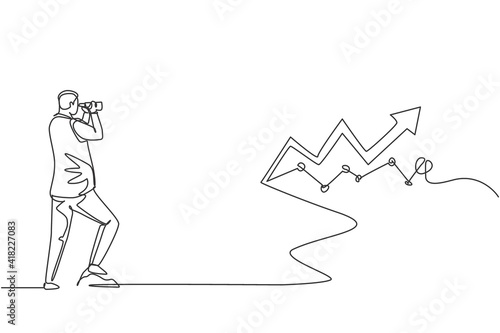 Single continuous line drawing young entrepreneur looking for sales graph increase target. Professional businessman vision. Minimalism concept dynamic one line draw graphic design vector illustration