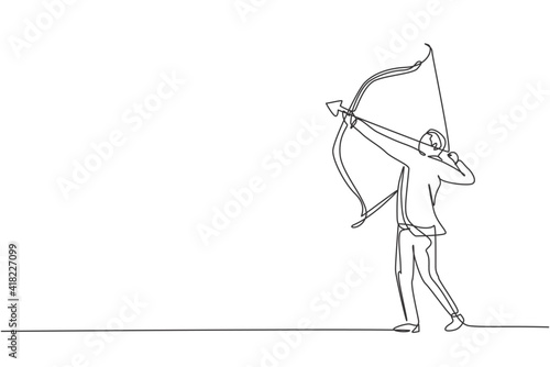 Single one line drawing of young smart business man focus take an arrow bow to hit target. Archery business manager minimal concept. Modern continuous line draw design graphic vector illustration
