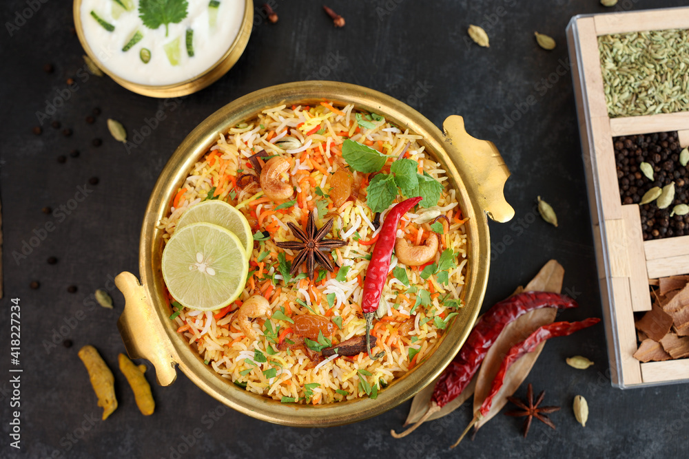 Vegetable biryani biriyani , Hyderabadi Shahi Pulao and raita Pilaf