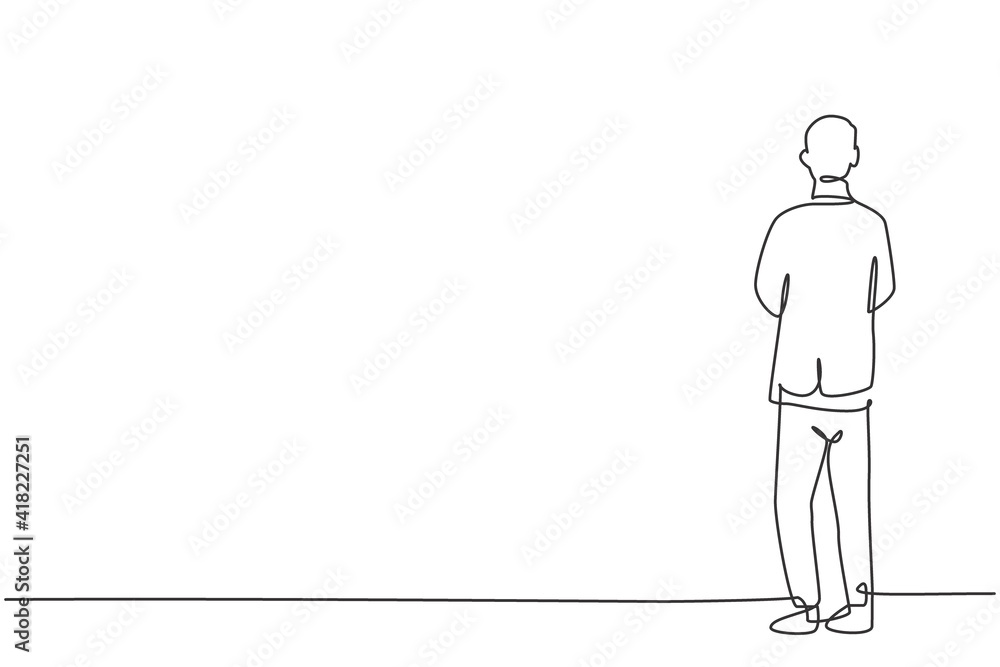 Single one line drawing of young smart business man standing back from rear view. Business financial analysis minimal concept. Modern continuous line draw design graphic vector illustration Single one line drawing of young smart business man standing back from rear view. Business financial analysis minimal concept. Modern continuous line draw design graphic vector illustration