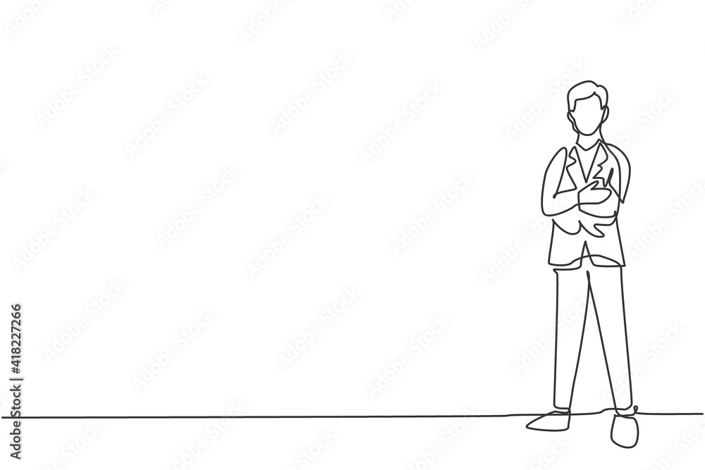Single continuous line drawing of young handsome male worker pose standing elegantly at office. Professional businessman. Minimalism concept dynamic one line draw graphic design vector illustration Single continuous line drawing of young handsome male worker pose standing elegantly at office. Professional businessman. Minimalism concept dynamic one line draw graphic design vector illustration