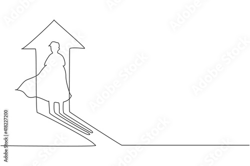 Single one line drawing of young smart business man shadow with up arrow light. Business financial market growth minimal concept. Modern continuous line draw design graphic vector illustration