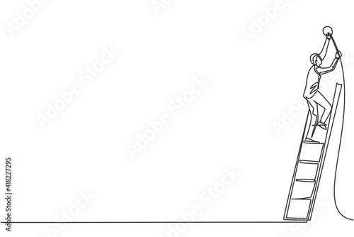 Single one line drawing of young smart handyman fix the high road lamp up with ladder. Business financial market growth minimal concept. Modern continuous line draw design graphic vector illustration