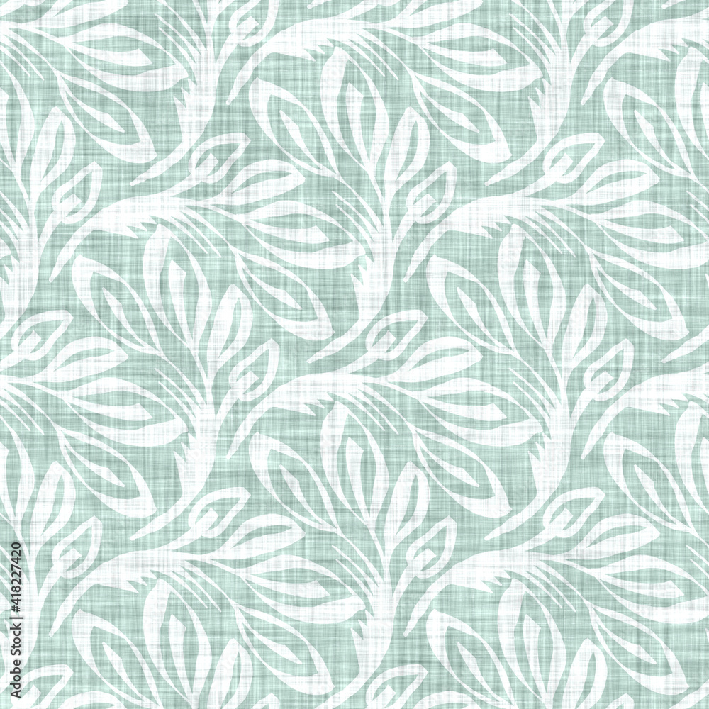 Aegean teal mottled flower linen texture background. Summer coastal living style 2 tone fabric effect. Sea green wash distressed grunge material. Decorative floral motif textile seamless pattern 
