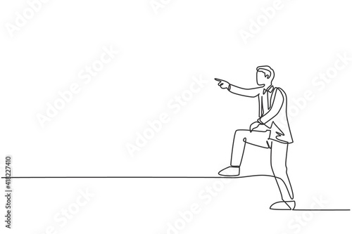 Single continuous line drawing young business man pointing finger forward while step up on stairs. Professional businessman. Minimalism concept dynamic one line draw graphic design vector illustration