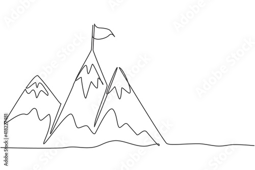 Single continuous line drawing mountains with target flag on the top. Reaching and climbing business goal on the hill top. Minimalism concept dynamic one line draw graphic design vector illustration
