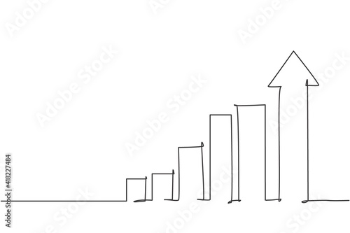 Single one line drawing of increasing up arrows bar graph sign. Business financial sales market growth performance minimal concept. Modern continuous line draw design graphic vector illustration