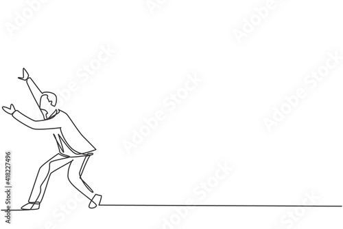 Single one line drawing of young smart business manager withstand challenges. Business financial obstacle anticipation minimal concept. Modern continuous line draw design graphic vector illustration
