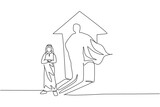 Single continuous line drawing of young Arabian businessman standing with super hero shadow on wall. Professional worker. Minimalism concept dynamic one line draw graphic design vector illustration
