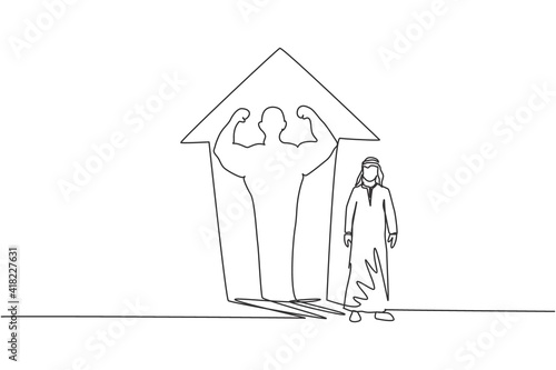 Continuous one line drawing of young Arab businessman standing with muscular shadow on wall. Successful athlete body transform minimalist concept. Single line draw design vector graphic illustration