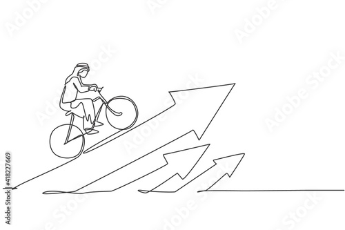 Continuous one line drawing of young Arab businessman ride bicycle to climb arrow up sign. Business financial increase minimalist concept. Trendy single line draw design vector graphic illustration