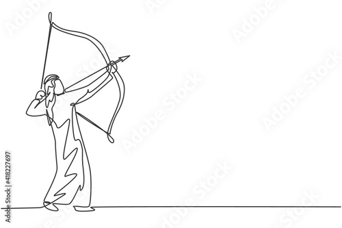 Continuous one line drawing of young Arab businessman aim target before release arrow from the bow. Business vision focus minimalist concept. Trendy single line draw design vector graphic illustration