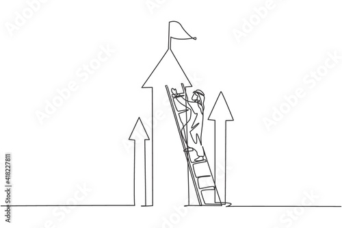 Single continuous line drawing of young Arabian businessman climb the arrow symbol up to reach the top. Professional worker. Minimalism concept dynamic one line draw graphic design vector illustration