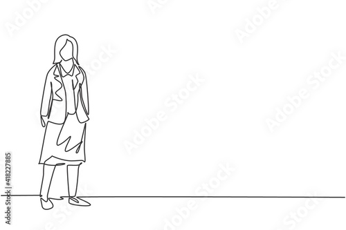 Single continuous line drawing of young beauty businesswoman looking forward pose standing elegantly. Professional worker. Minimalism concept dynamic one line draw graphic design vector illustration