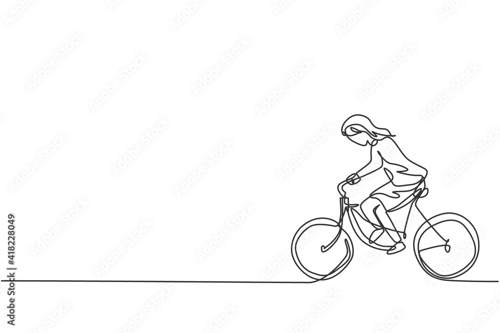 Obraz premium Continuous one line drawing of young female entrepreneur riding bicycle go to the office. Success business manager minimalist concept. Trendy single line draw design vector graphic illustration